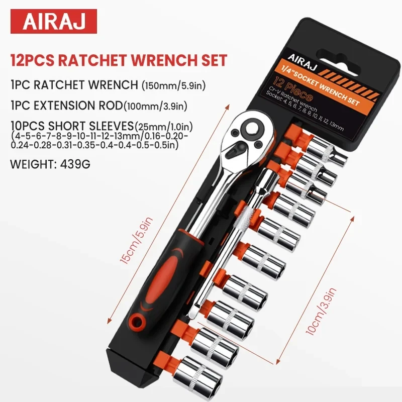 12 in 1 combination set vanadium steel Torque ratchet wrench set 1/4 