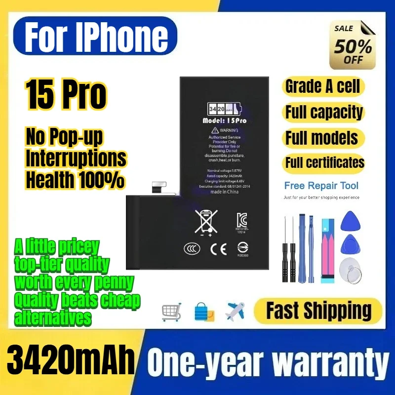 A3104/A2848/A3101 for IPhone 15Pro Phone Battery No Pop-up Interruptions Health 100%  Replacement Bateria Grade A Cell with Tool