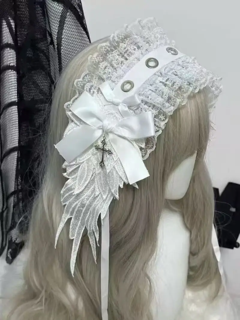 NONSAR 2025 일본 레이스 리본 윙 로리타 헤어밴드 다크 고딕 앵글 헤드웨어 로리타 애니메이션 코스프레 헤어 액세서리