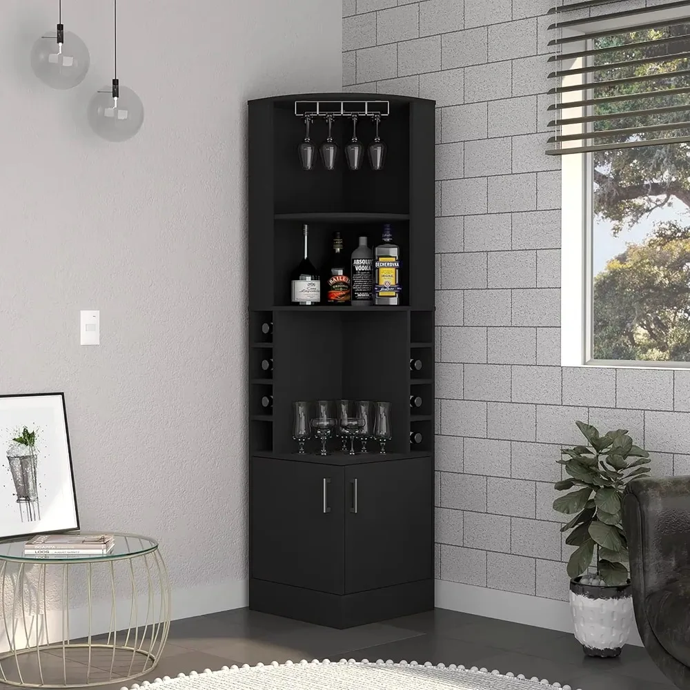 Cairo Corner Bar Cabinet With Glass Rack, Multiple Shelves, And 8 Wine Cubbies, Black