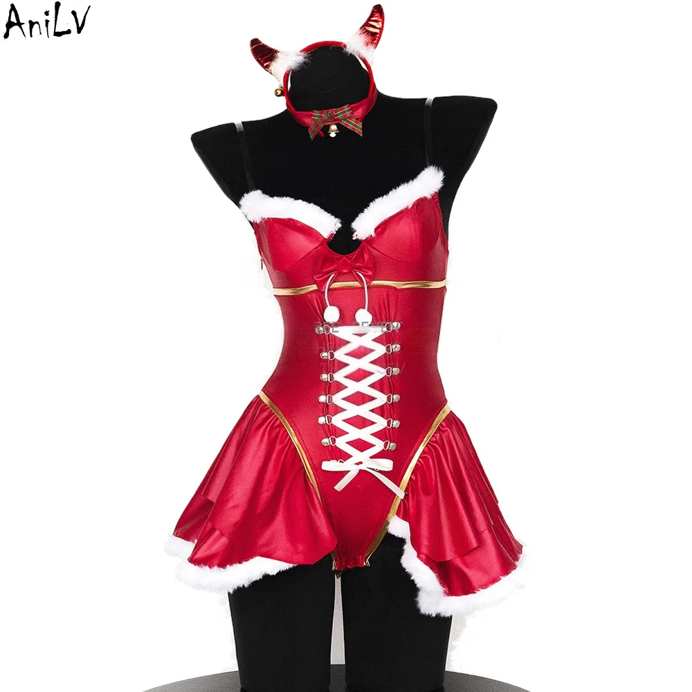

AniLV аниме игра дьявол Рождественский наряд красный кожаный боди униформа рождественское платье наряды косплей костюм