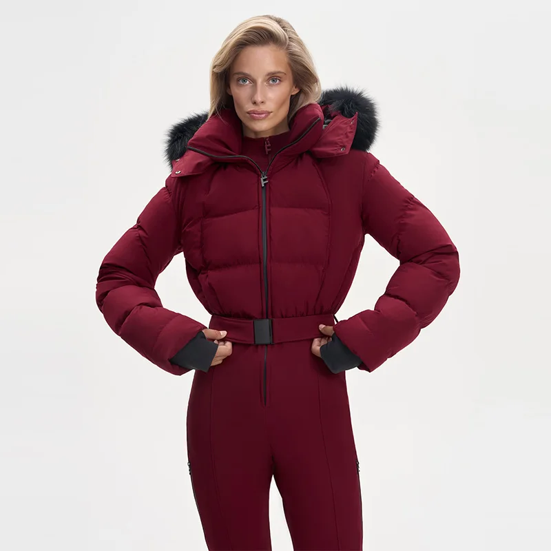 Jaqueta de Esqui Feminina com Capuz e Cinto, Cor Pura, Bonita e Quente, Roupas de Esqui para Lazer, Moda Feminina 2025, Novas Roupas Casuais