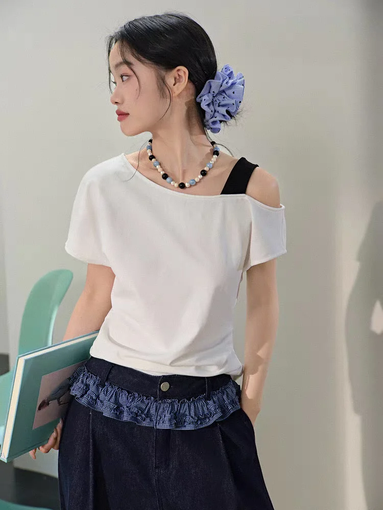 Spor Sle blanc ort Sve T-shirt pour femmes oulder Baring Design haut amincissant trajet Sle mélange de coton de couleur Pure