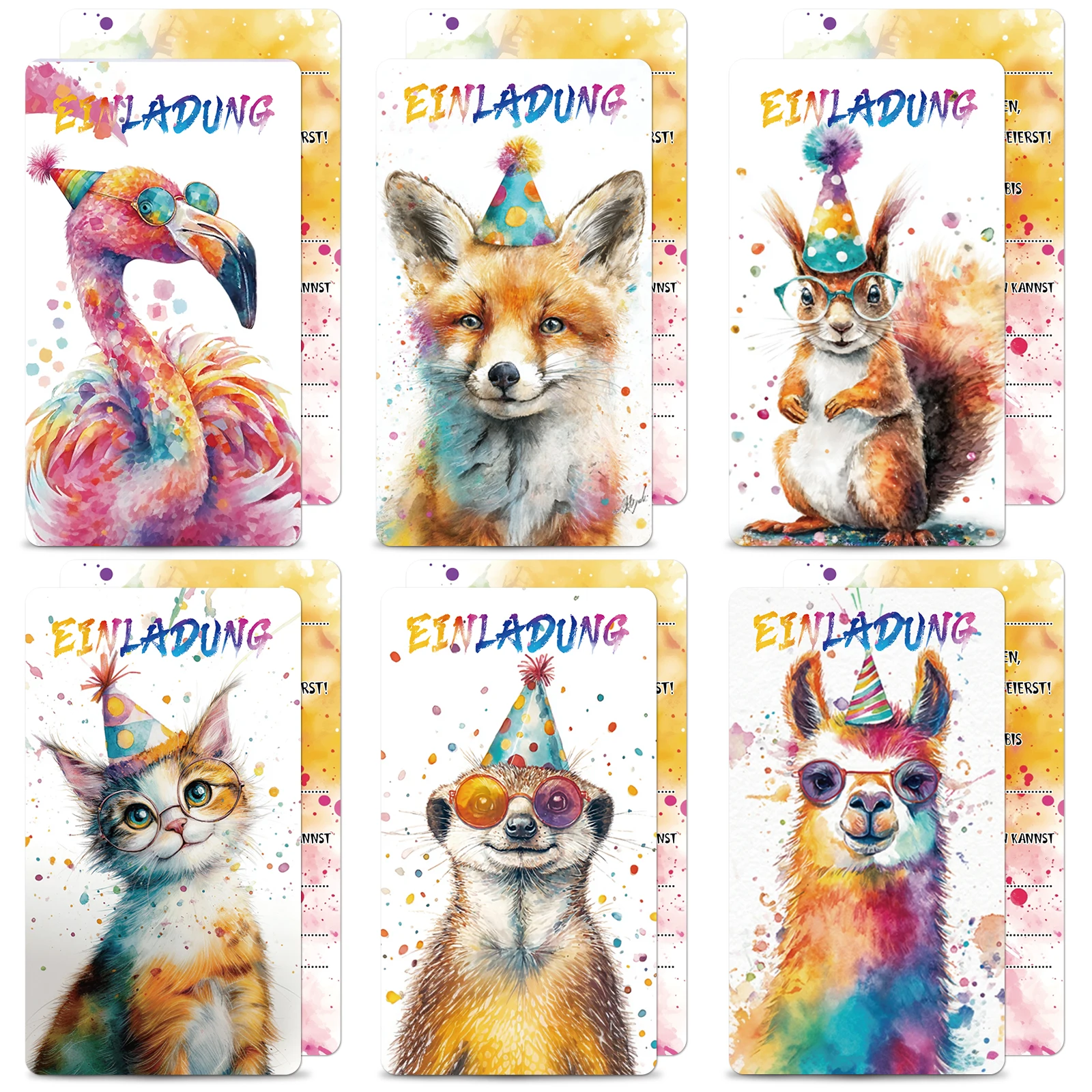 12 Aquarell-Tierparty-Einladungskarten auf Deutsch, EINLABUNG-Einladungskartenset, Einladungskarten für Geburtstagsfeiern, Cartoon a