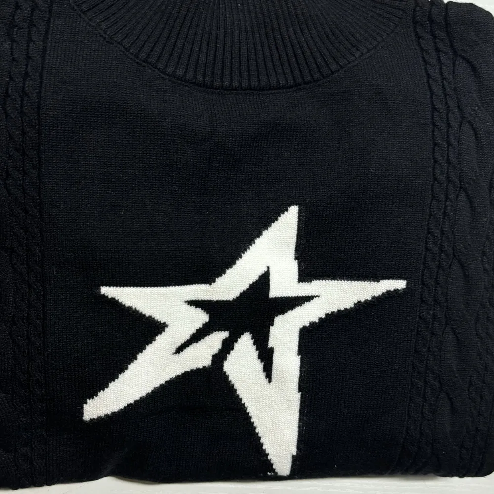 2024 Autumn Winter Fashion Women Vintage High collar Pullover Sweater Black Knitted Five star Slim Sweaters Knitted Streetwear