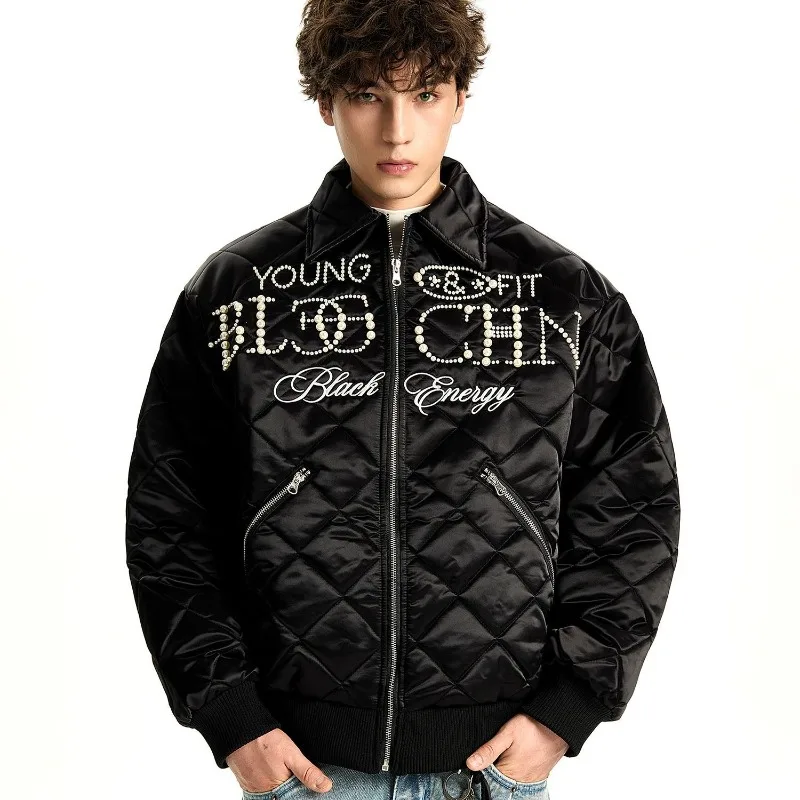 Beading Rhombus Men's Padded Coas American Retro Embroidery Winter Bomber Jackets Women Parkas Fashion Men Winter Clothes Unisex