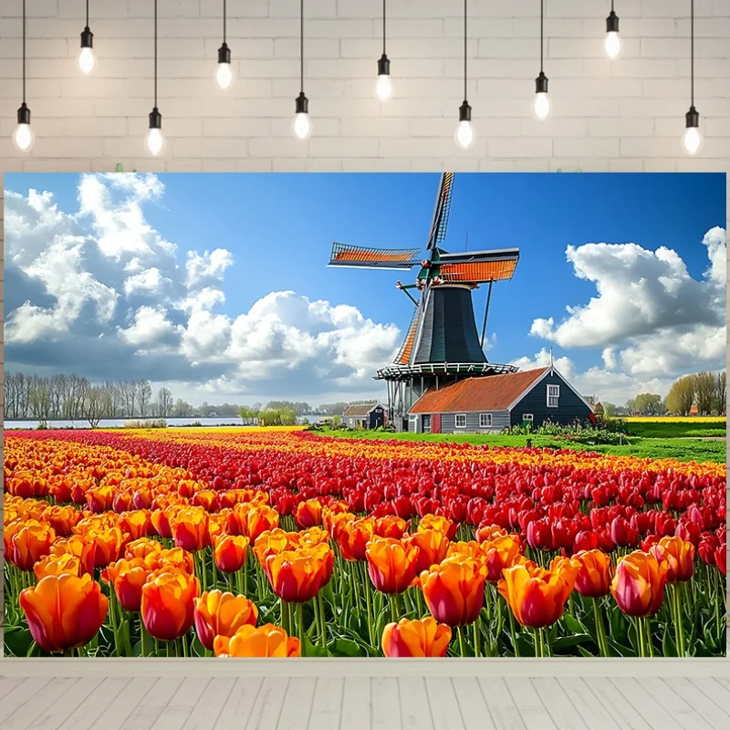 Windmill Tulip Field Netherlands Landscape Wall Tapestry Colorful Floral Art for Home Office Decor 2D Planar Background Fabric