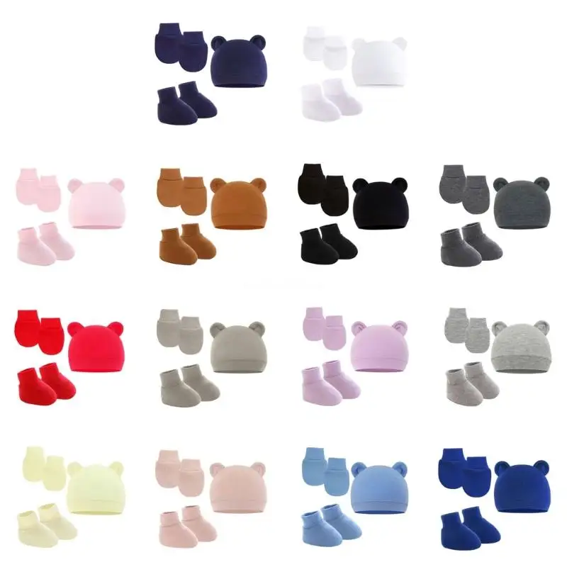 3 Pieces Newborn Hat Mittens SockS Set No Scratch Gloves for 0-12 Months Boy Girl