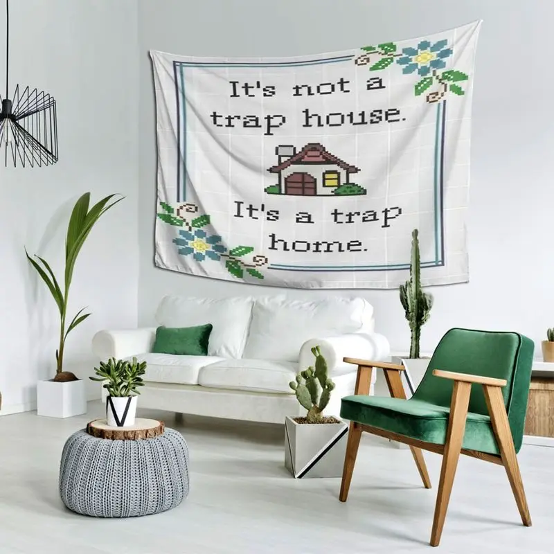 VIKAMA Fun Quote Trap Tapestry Pixel Cottage Flower Border Humorous Text Bedroom Living Room Home Decor