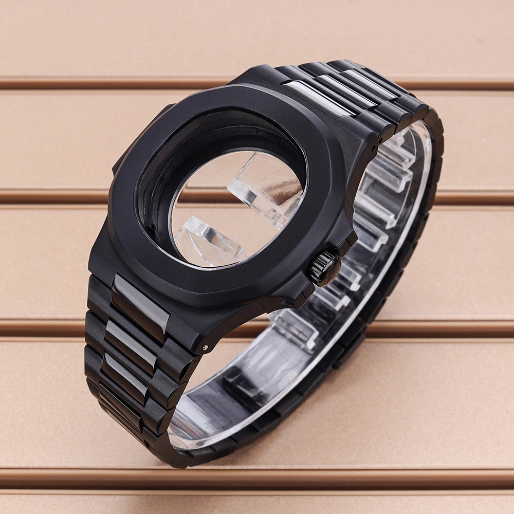 

Hot Sale 40mm Men's Black Watch Case Sapphire Glass 316L Steel Bracelet For Modified Nautilus NH35 NH36/34 Movt Waterproof Parts