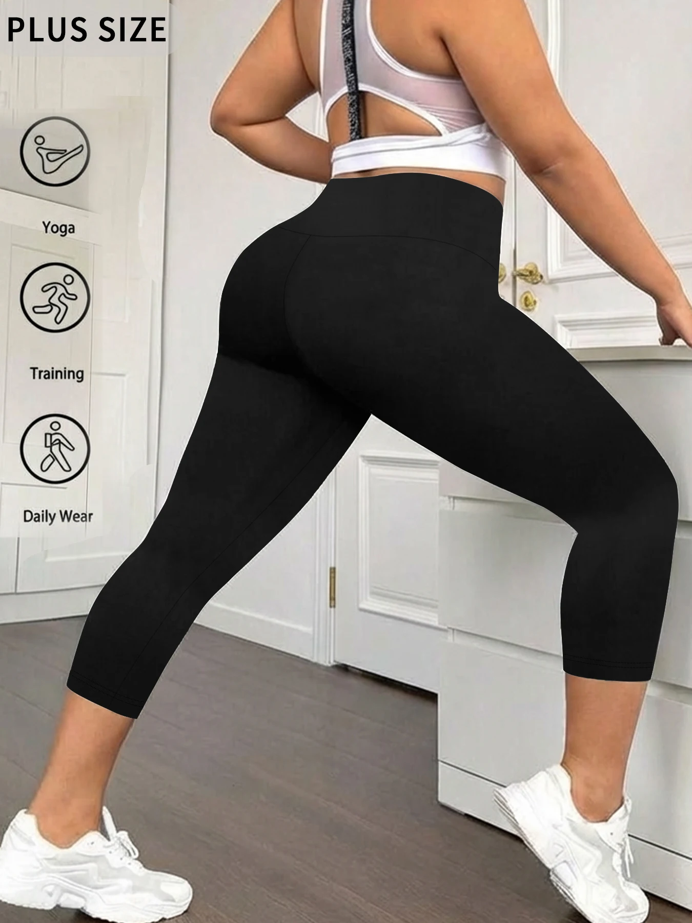 Plus Size Super Soft High Waist Capri Pants Women No See Through Tummy Control Yoga Running Workout Home Wear