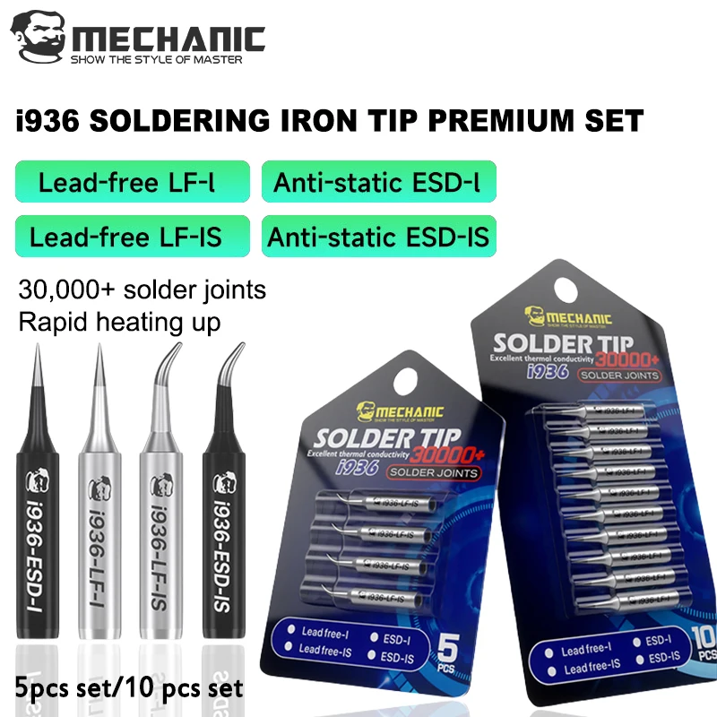 

MECHANIC 5/10 Pcs Premium Anti Static Soldering Tips Lead Free High Temp Resistant for Precision PCB Repair Rework & Desoldering