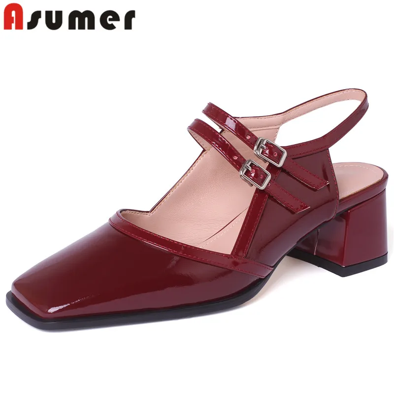 

ASUMER 2024 New Patent Leather Dress Sandals Square Toe Ladies Slingbacks Summer Shoes Buckle Thick Med Heels Sandals