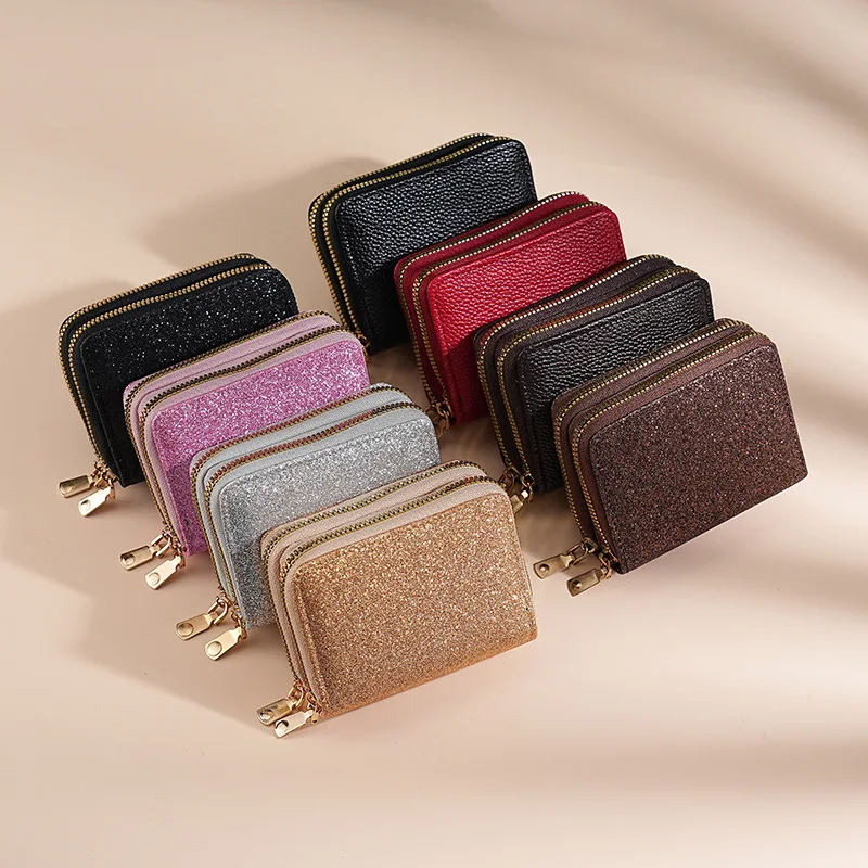 Korean Style Women's Double Zipper Accordion Card Holder - Starry Shiny Card Cover, Multi-Slot ID Document Organizer