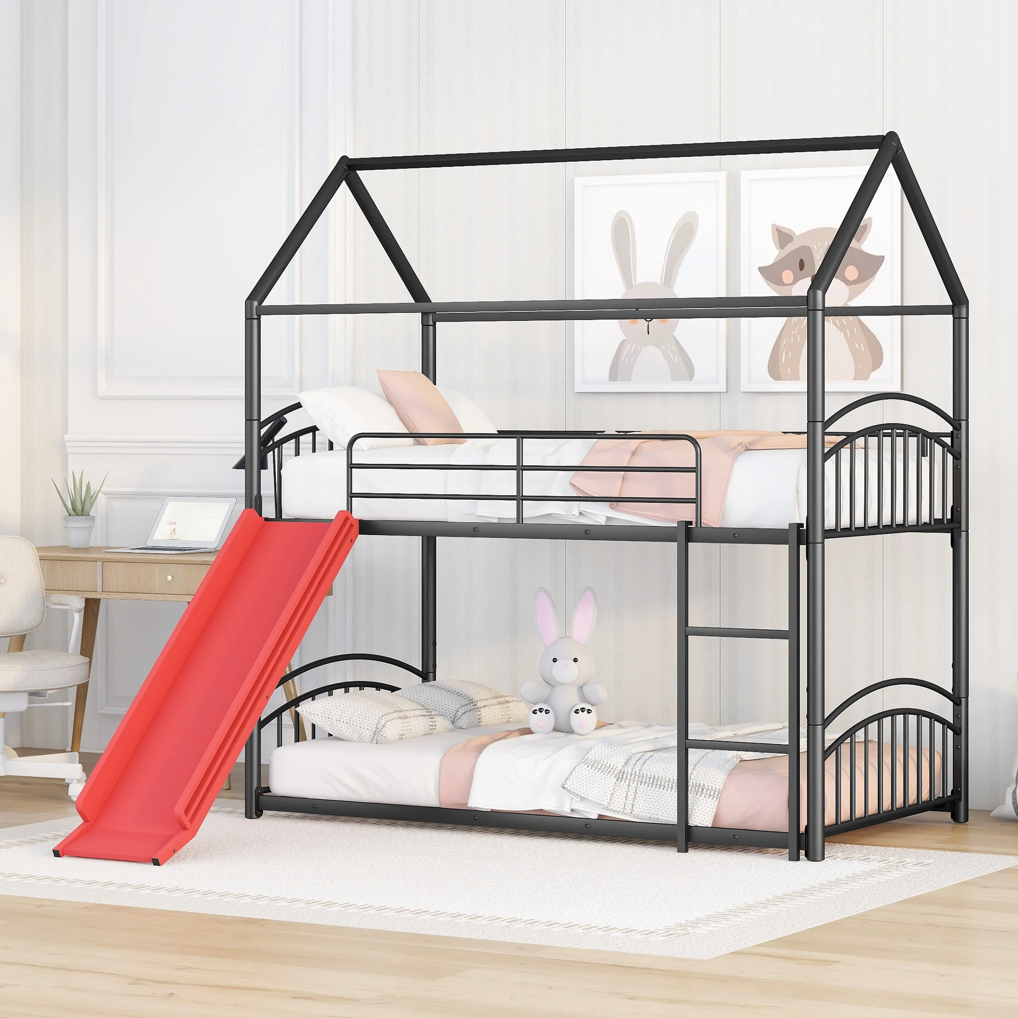 Twin Over Twin Metal Bunk Bed With Slide, Kids House Bed, Black+Red  77.50x41.40x84.30 in.