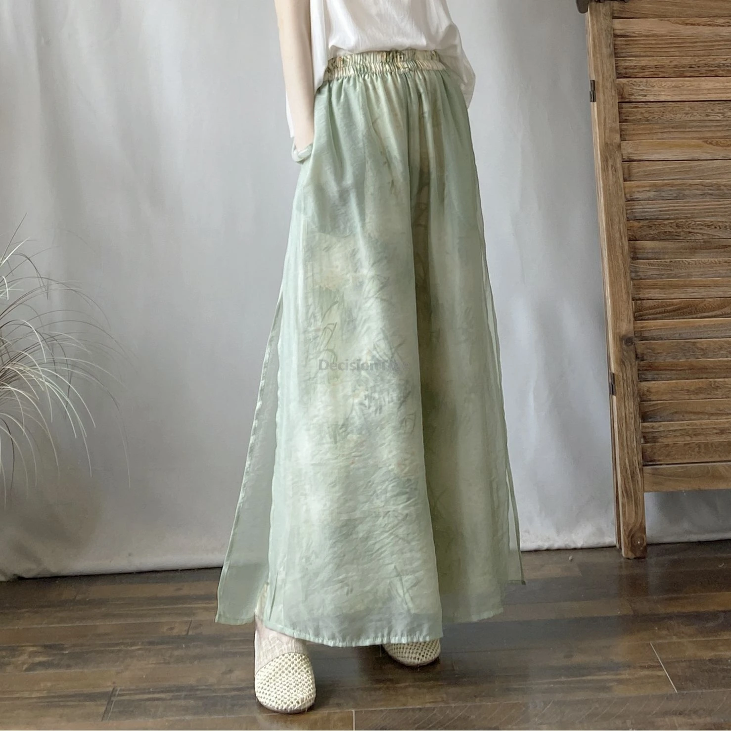 

Summer elastic waist double-layer printed flowing pants Women Fairy Chinese style loose daily organza long thin trousers