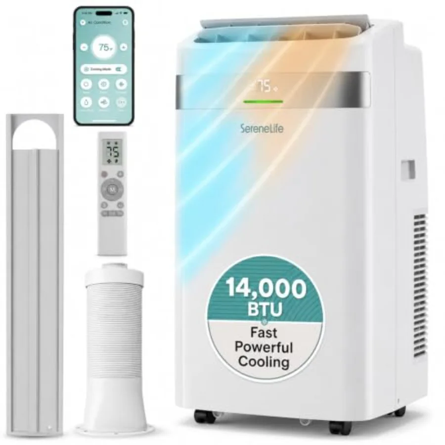 Aire acondicionado y calefactor portátiles para habitaciones, plástico ABS blanco, 14.000 BTU de refrigeración/calentamiento con control Wi-Fi, modos de deshumidificador y ventilador