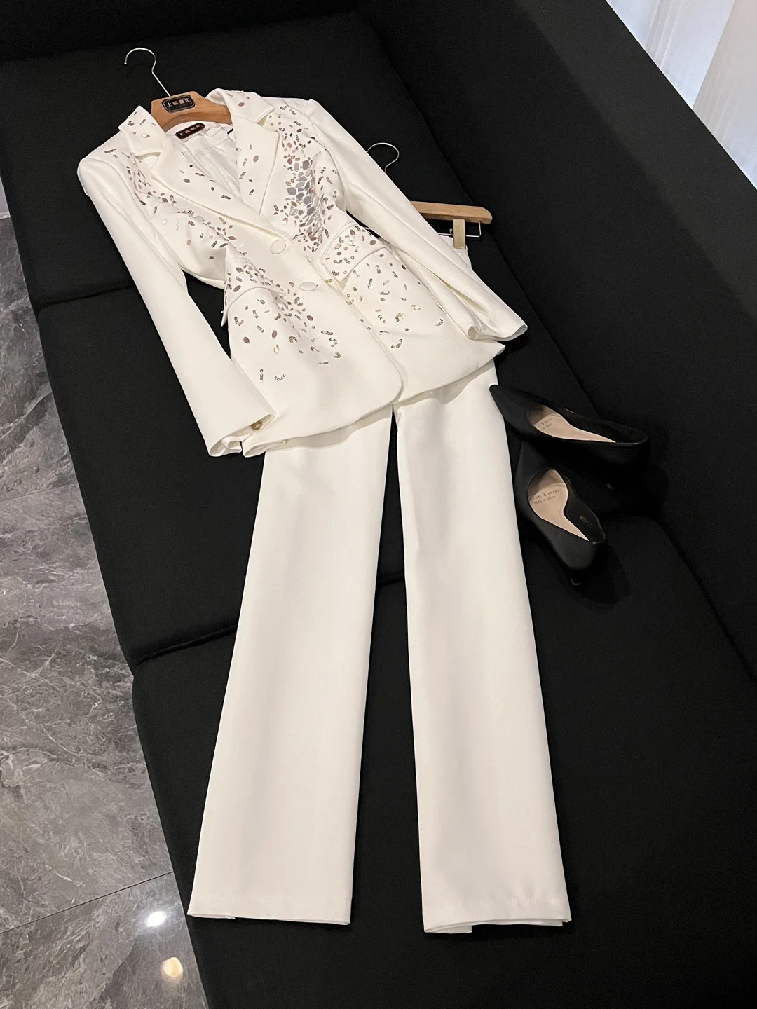 

Женский костюм с драпировкой и бриллиантами, длинные брюки с высокой талией, длинные брюки iny Diamond Jaet, осень-зима, Новое поступление