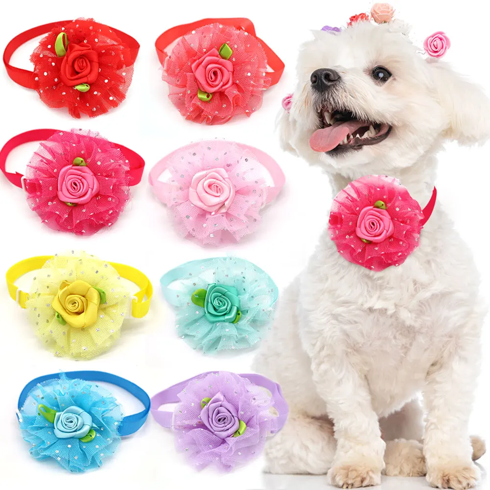 20pcs Valentine\'s Day Pet Supplies Lace Rose Love Style Pet Cat Dog Collar Bowties Neckties Pet Cat Holiday Grooming Products