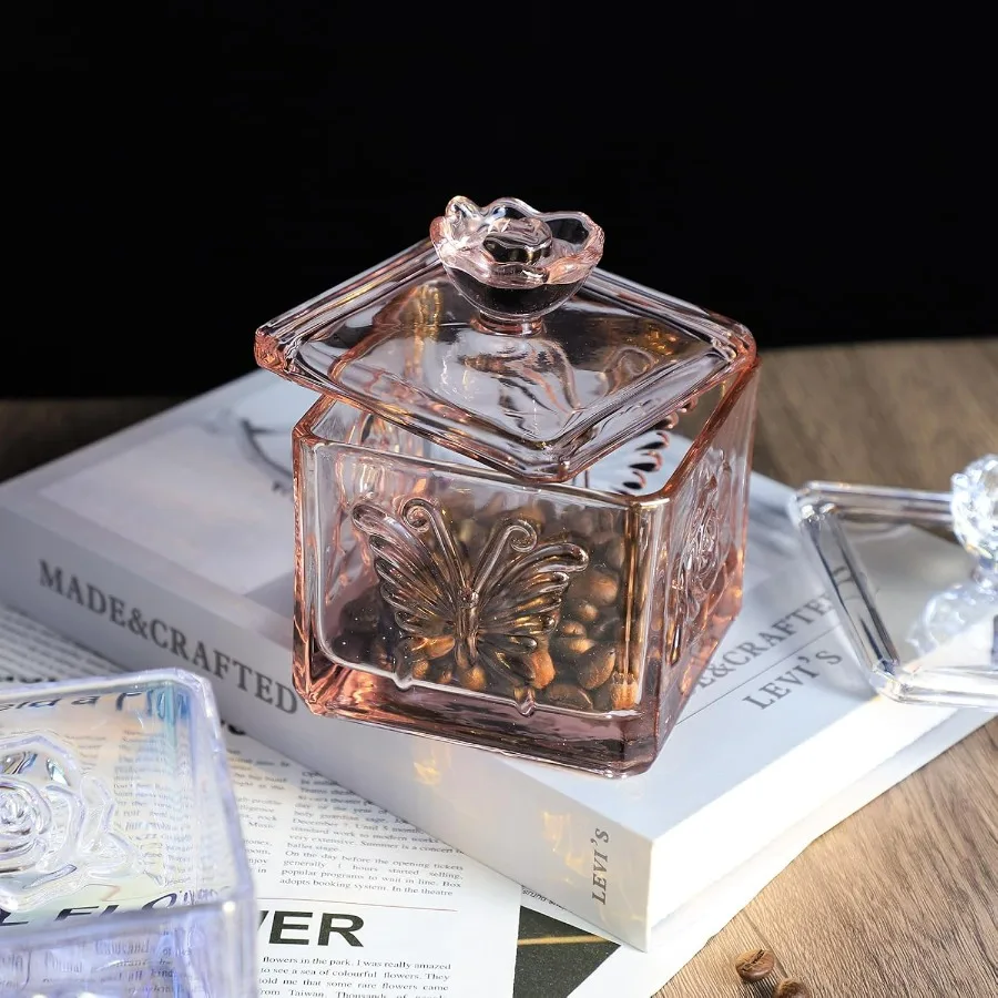 جرة حلوى زجاجية منقوشة بالورود والفراشات، جرة طعام من الزجاج الملون مع غطاء