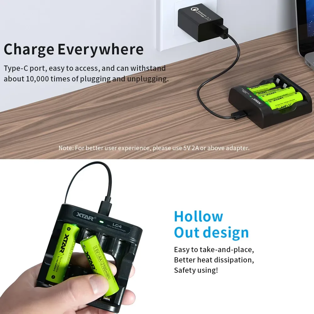 XTAR LC4 Battery Charger+4PCS 1.5V AA CLR 4300 2700mAh Rechargeable Li-ion Battery  Constant Voltage Output & Linear Discharge