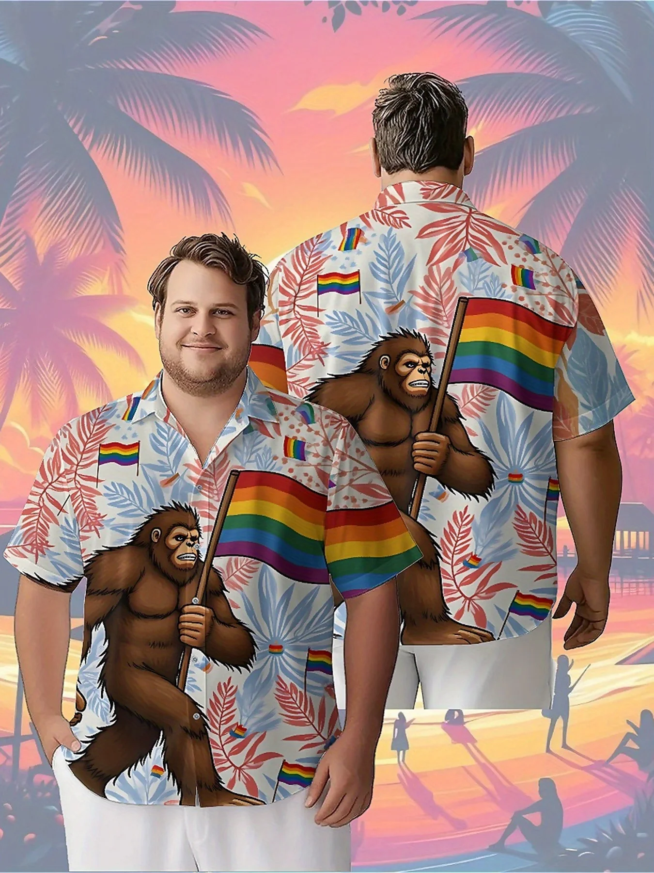 

Men's Plus Size Hawaiian Shirts Rainbow Sasquatch Theme pattern,Unisex Baggy Aloha Shirts,summer Alternative Clothing