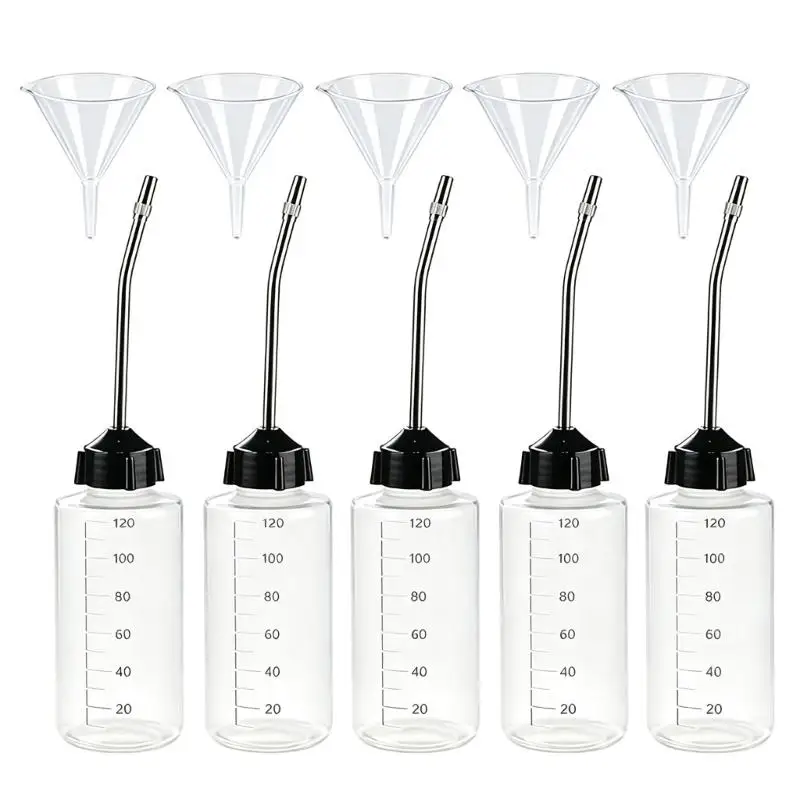 Targeted Oil Dispenser Bottle Set with Long Curved Stainless Steel Spouts, 5 Empty Bottles and Filling Aids for Sewing D2RC