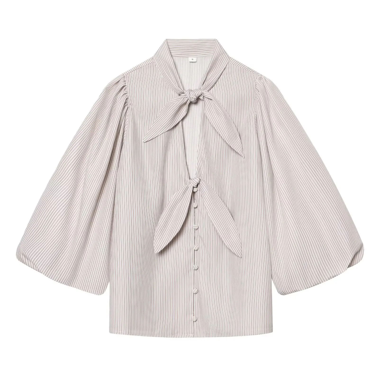 

Women's Fashion Bow Striped Shirt Women Striped Bow Tie Neck Shirt Puff Sleeve Loose Blouse Elegant Casual Top For Spring 399I
