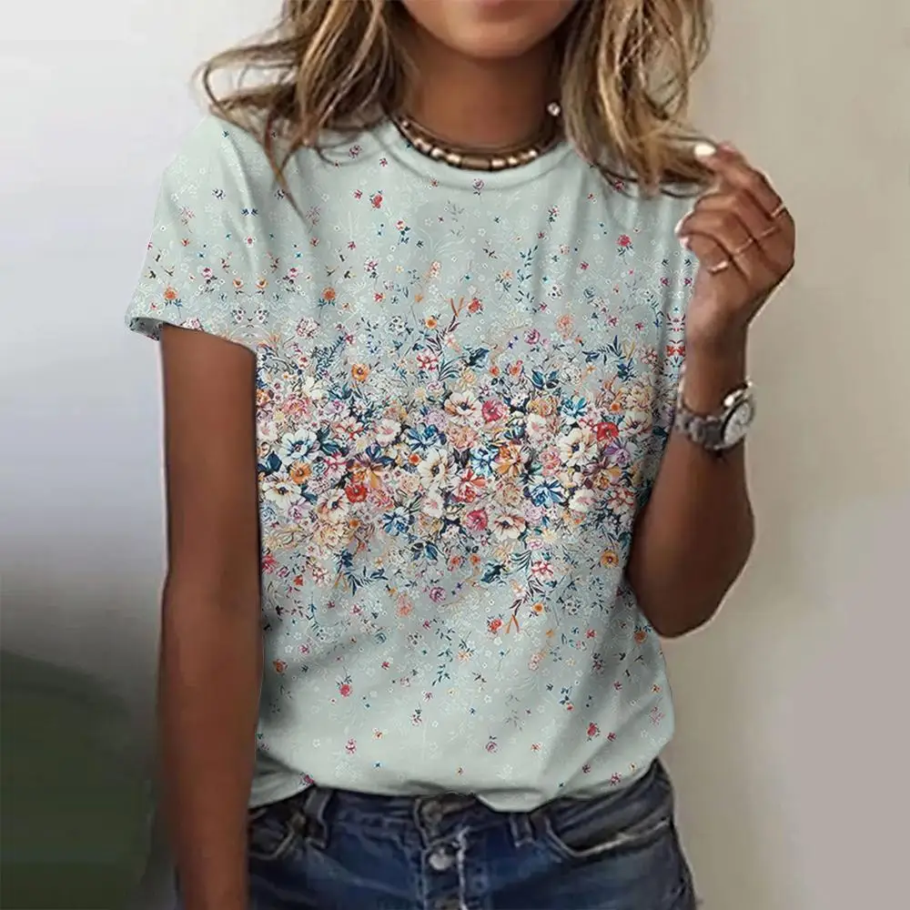 

3d Flower Print Women's T-Shirts Top Short Pullover Sleeved Fashion Street O-Neck Tee Shirt Female Everyday Clothing Summer 2024