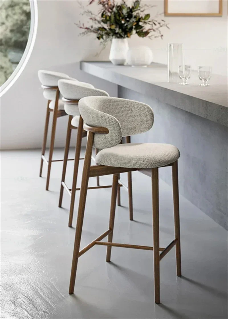 Nordic Light Luxury Solid Wood Bar Chairs Modern Home Kitchen High Bar Stools Designer Fabric Backrest Stools for Bar Furniture