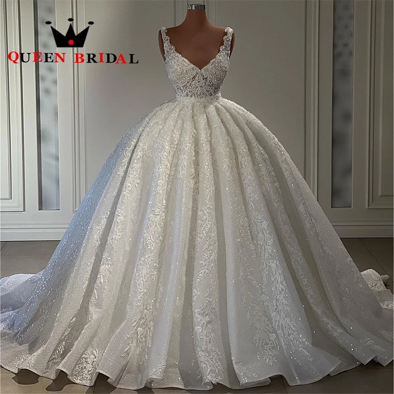 

Luxury Sequined Pearls Beading Wedding Dress Sleeveless V Neck Appliques Floor-Length Bridal Gown Vestidos De Novia Custom Y67XM