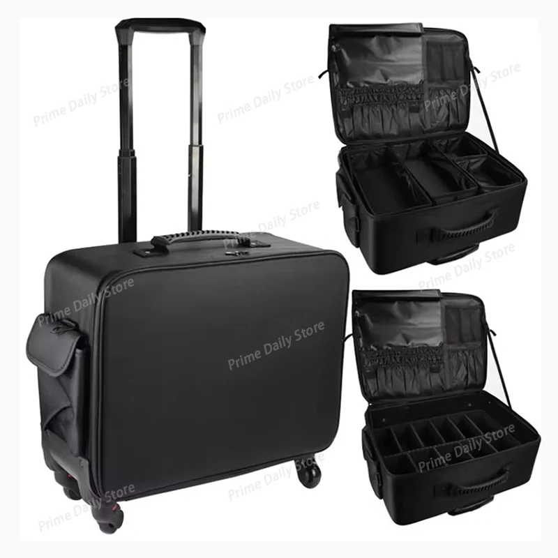Large Capacity Rolling Makeup Case, Multifunctional Trolley Cosmetic Organizer Box with Dividers for Professional Makeup Artist