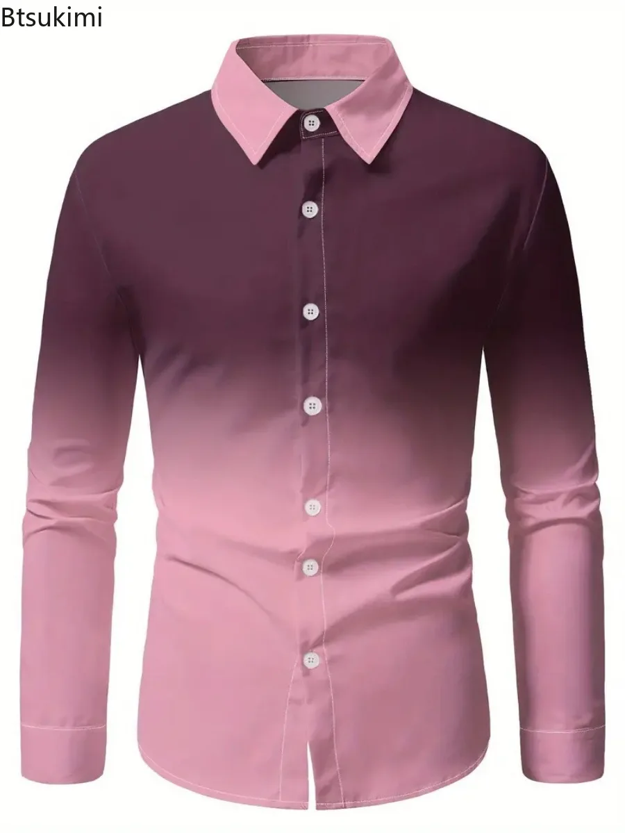 High-grade Gradient Color Men's Long Sleeve Shirt Autumn Business Casual Dress Shirt Trendy Men Clothing Hawaiian Holiday Shirts