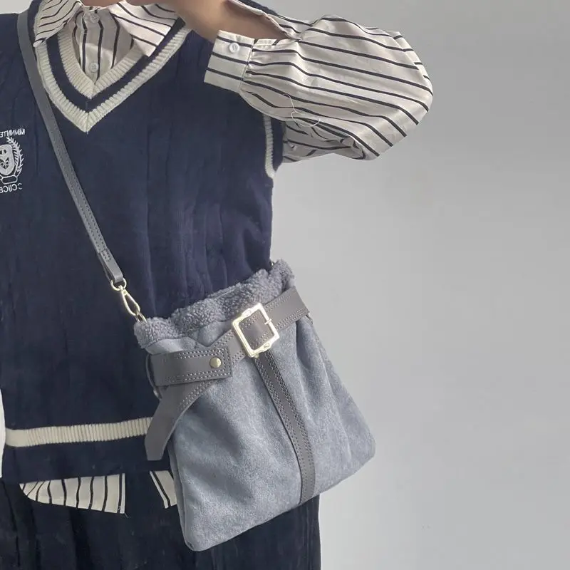 

Ins Fog Blue Crossbody Bag Women Lamb Wool Large Capacity Shoulder Bag Ladies College Student Travel Commuting Everyday Tote Bag