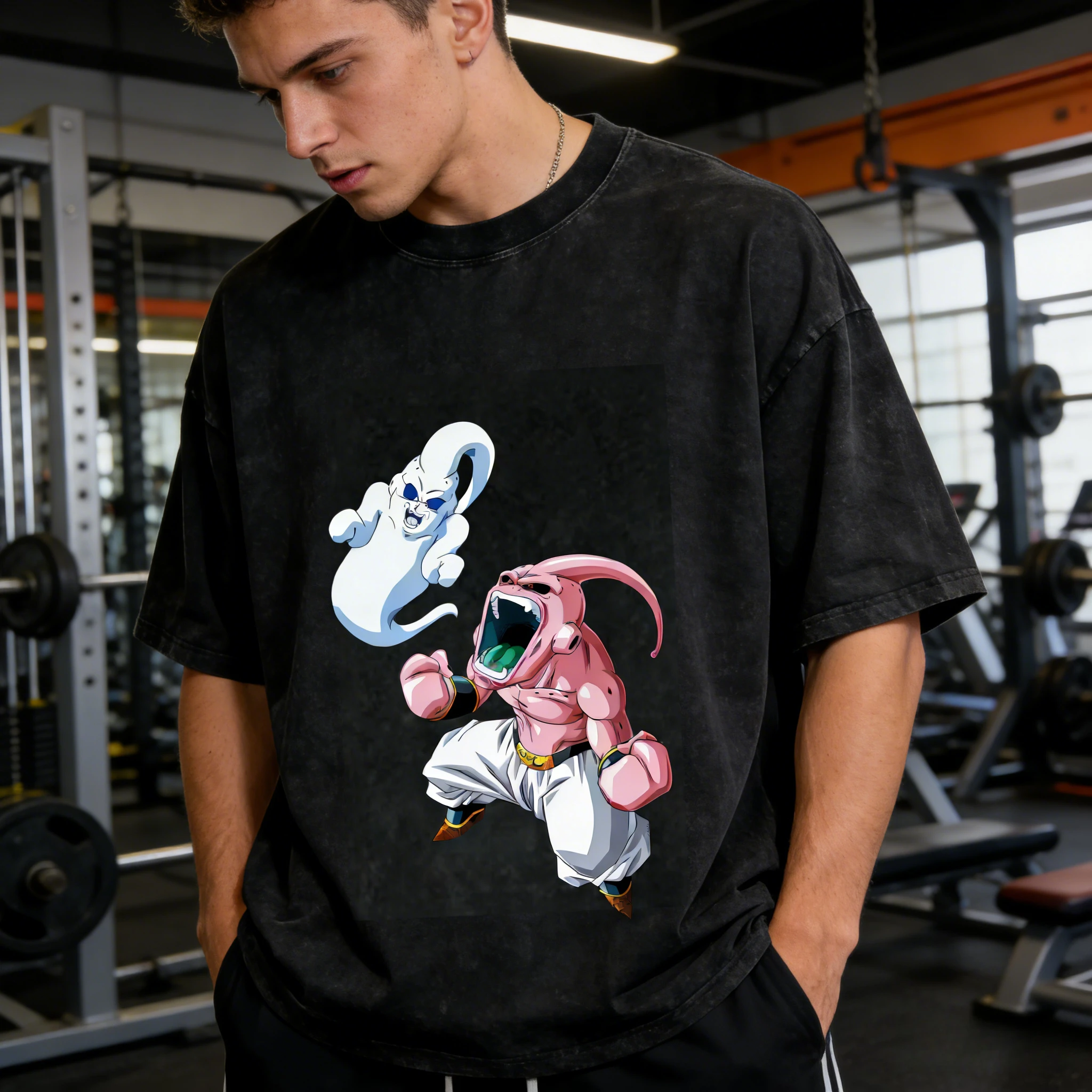 

2026 Anime Dragon Ball Majin Buu Ghost Kamikaze Attack T Shirt Men Vintage Washed Cotton Oversized Tees Harajuku Streetwear Tops