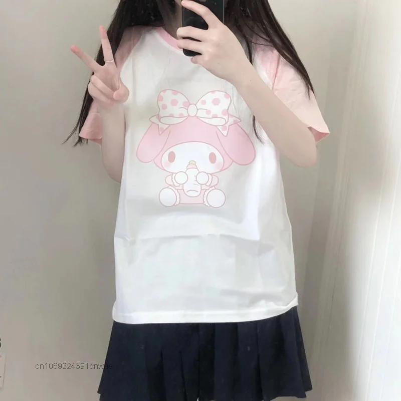 Sanrio-Camiseta de manga corta My Melody para mujer, Top de Anime de dibujos animados Kawaii, ropa Cutecore, blanco Y rosa, 2k, estudiante de verano