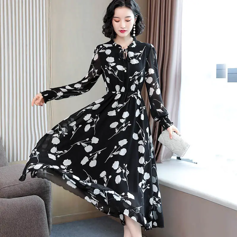 Women Clothing Casual 2023 New Slim Printing Fashion Elegant Temperament O-neck Lacing Long Sleeve Pullovers Autumn Thin Dresses