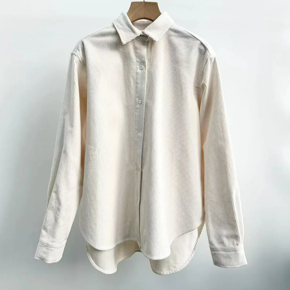 Simple Fashion Spring Tops Corduroy Straight Single Breasted Shirts for Women