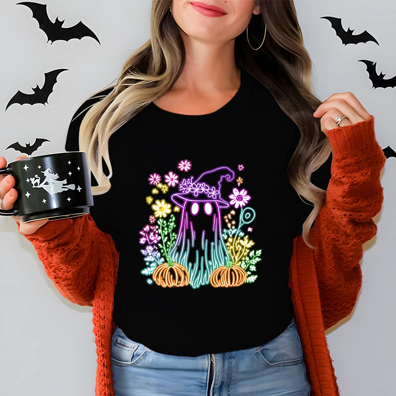 Halloween Colorful Ghost Design Short Sleeve T-shirt Women Colorful Flower Pumpkin Casual Tops Funny Halloween Party Gift TShirt