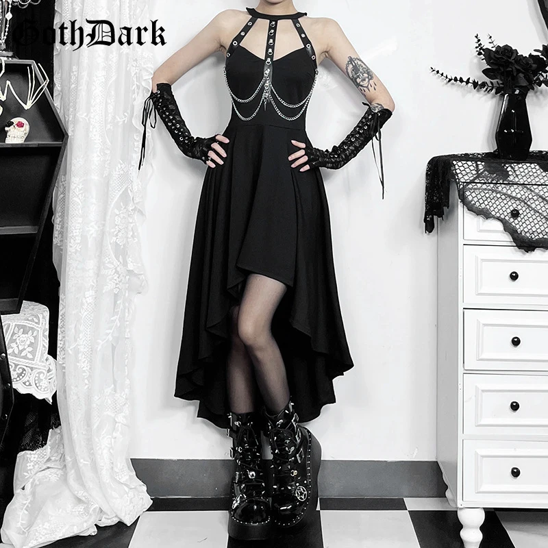 

Goth Dark Mall Goth Chains Decor Halter Dress Sexy Hollow Out Big Swing Dresses Gothic Sweet Party Gown Women Sleeveless Outfits