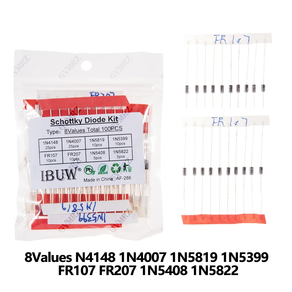100PCS 8Values Schottky Diode Kit 1N4148 1N4007 1N5819 1N5399 FR107  for Electronic Projects Rectification FR207 1N5408 1N5822
