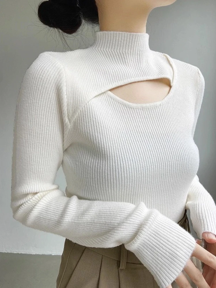 

Slim Vintage Jumper Soft Warm Pull Female Casual Turtleneck Pullovers Autumn Winter Sexy Hollow Out Women Sweaters Knitted Tops