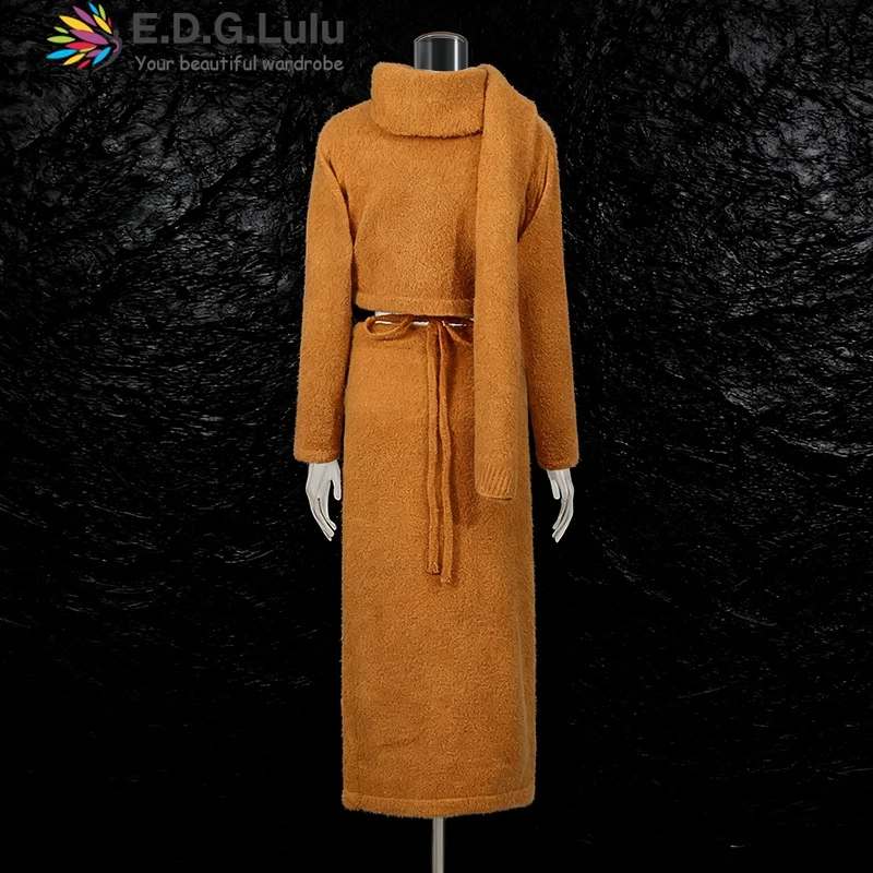 EDGLuLu rétro décontracté 2 pièces ensemble 2025 automne nouveau col rond à manches longues haut court + taille haute fente jupe longue jaune bleu costume 1024