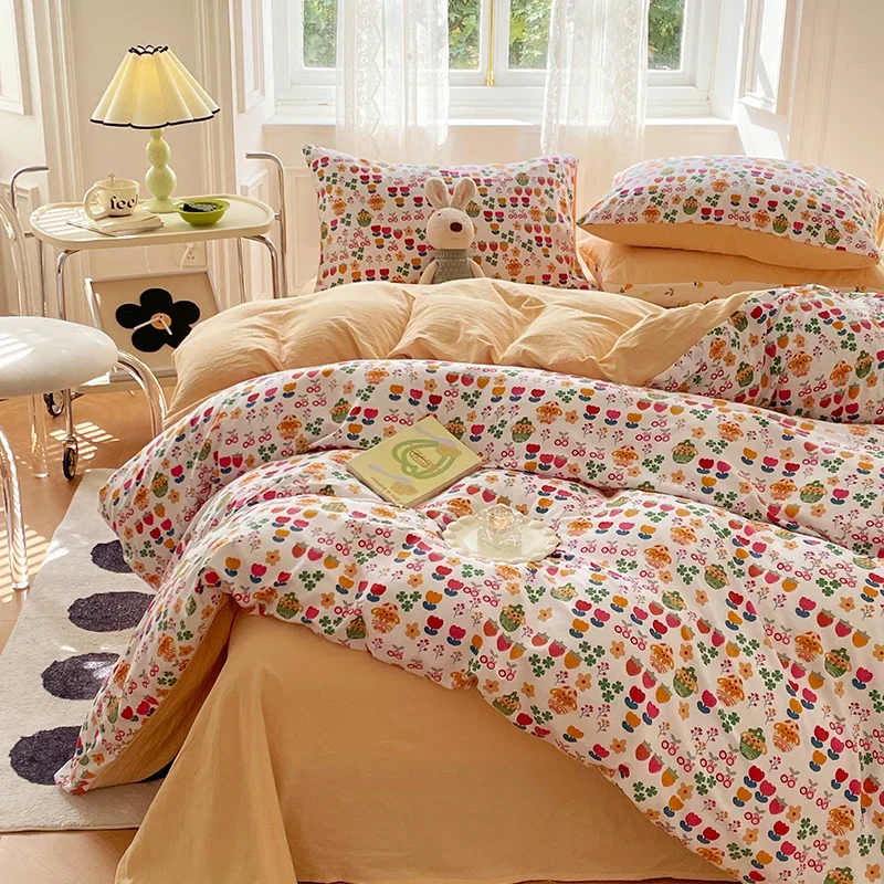 Flower Printed Bedding Set Queen/King Size High Quality Washed Cotton Bed Sheet Set Soft housse de couette Single Bedding Kit