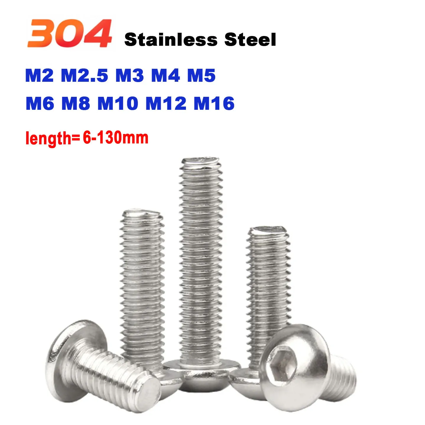 

304 Stainless Steel Pan Head Socket Allen Bolts M2 M2.5 M3 M4 M5 M6 M8 M10 M12 M16 Hex Screw length=6-130mm
