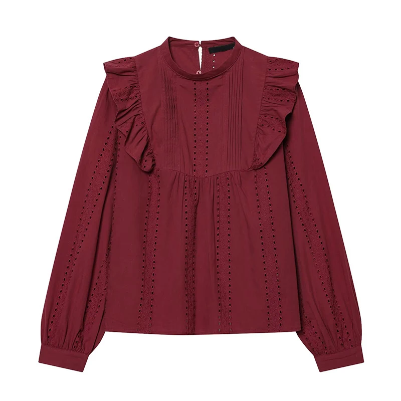 

YENKYE Burgundy Romantic Hollow Out Embroidery Blouse Women Long Sleeve Round Neck Casual Spring Tops