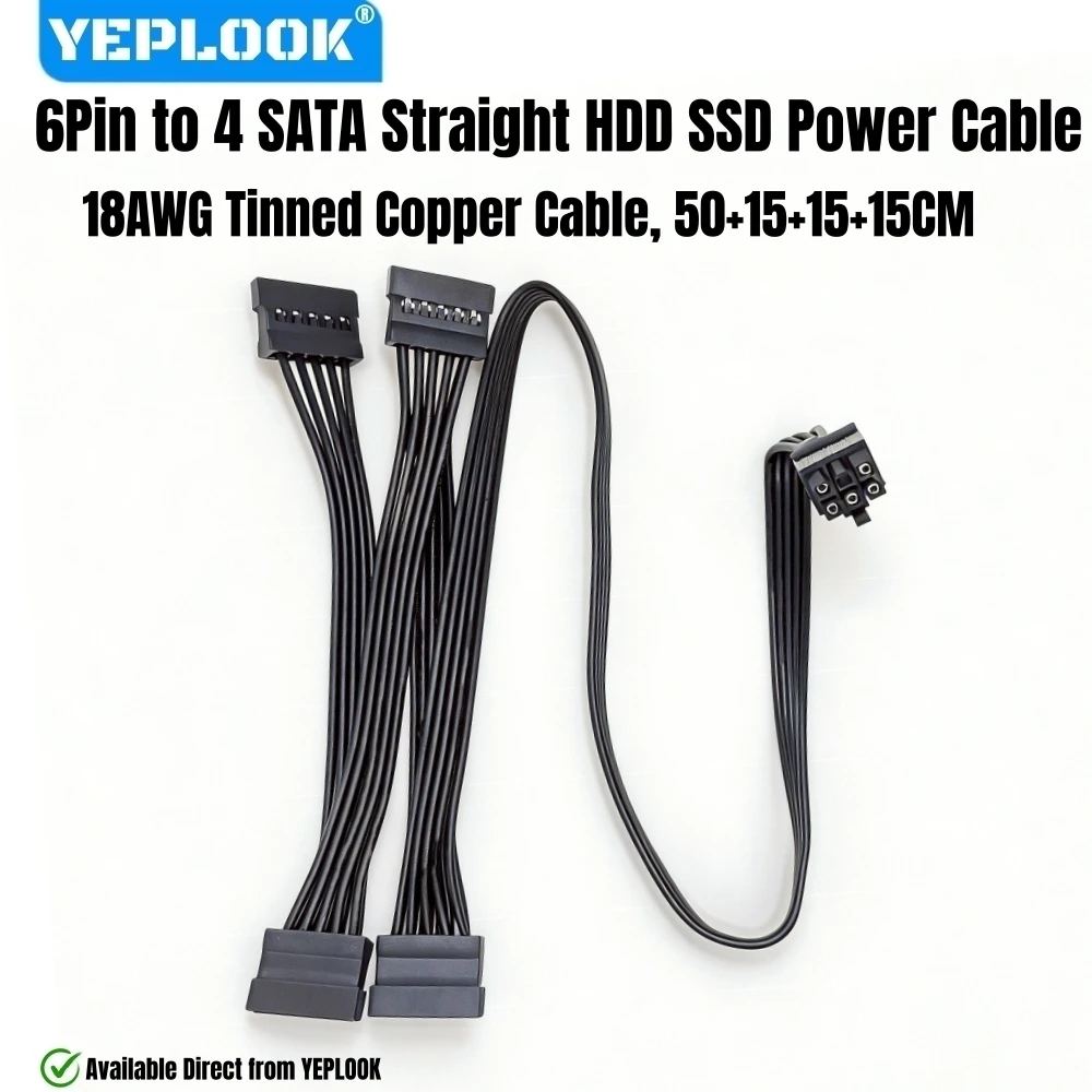 

Кабель питания YEPLOOK 6Pin на 4 SATA, прямой, для HDD/SSD SATA, для модульных блоков питания Corsair HX1200, HX1000, HX850, HX750 PLATINUM Type 4