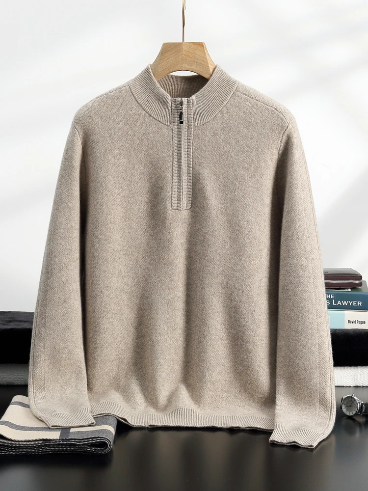 Autumn Winter Men's Cashmere Sweater Mock-neck Zipper Pullovers Thick Casual Long Sleeve Top 100% Cashmere Knitwear Warm Clothes