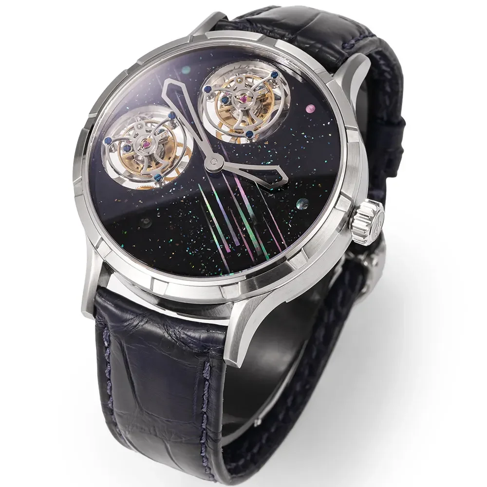 HUASUO Luxury Double Tourbillon Orologi da uomo 45mm Laca Madreperla Quadrante con pietre preziose Shanghai Movimento intagliato personalizzato