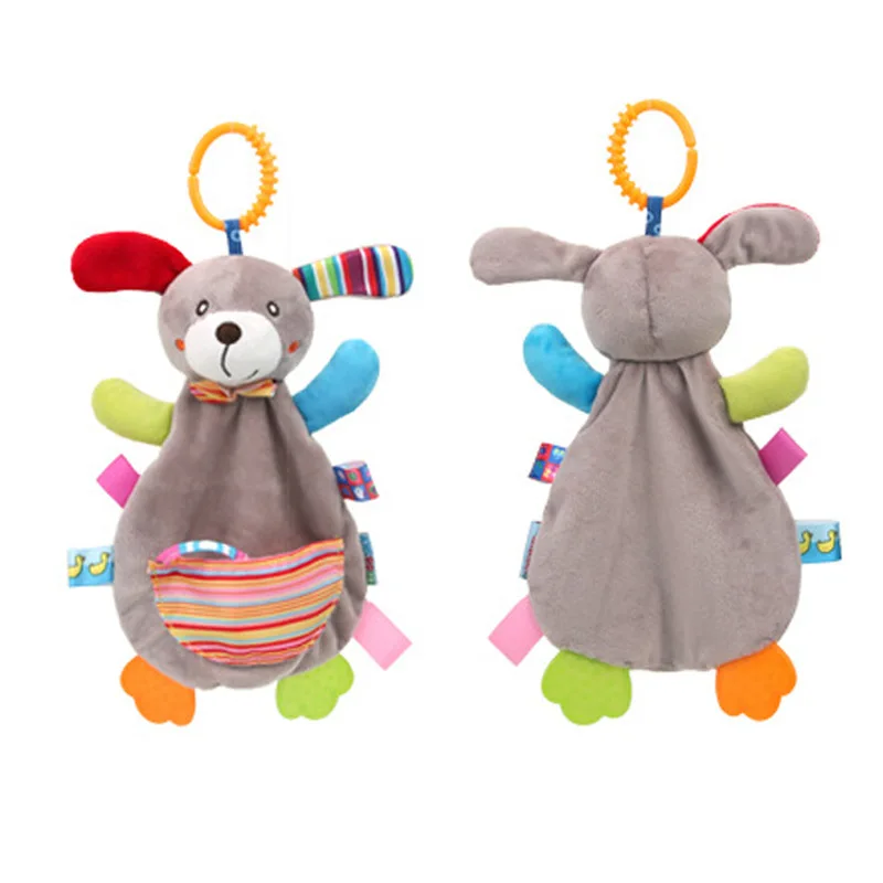 Manta de seguridad para bebé, perro con etiquetas, sonajeros mordedores, manta suave móvil, juguete acogedor, Animal relleno para bebés, regalo para recién nacidos